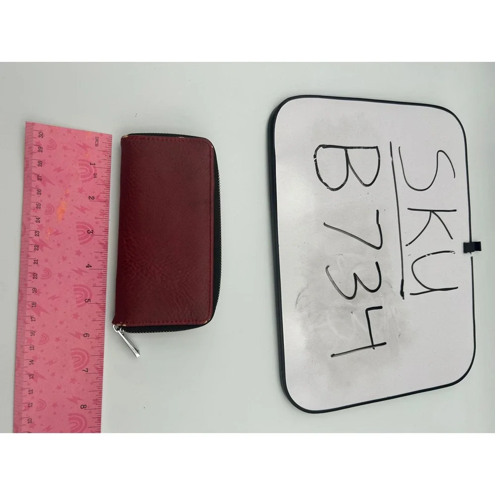 Burgundy Red Faux Leather Zip Around Wallet with Mirror and Card Slots